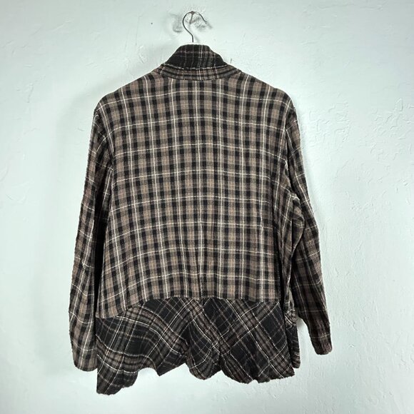 Habitat Womens Plaid Button-Up Ruffle Hem Jacket Large Lagenlook Brown Black - Picture 2 of 8